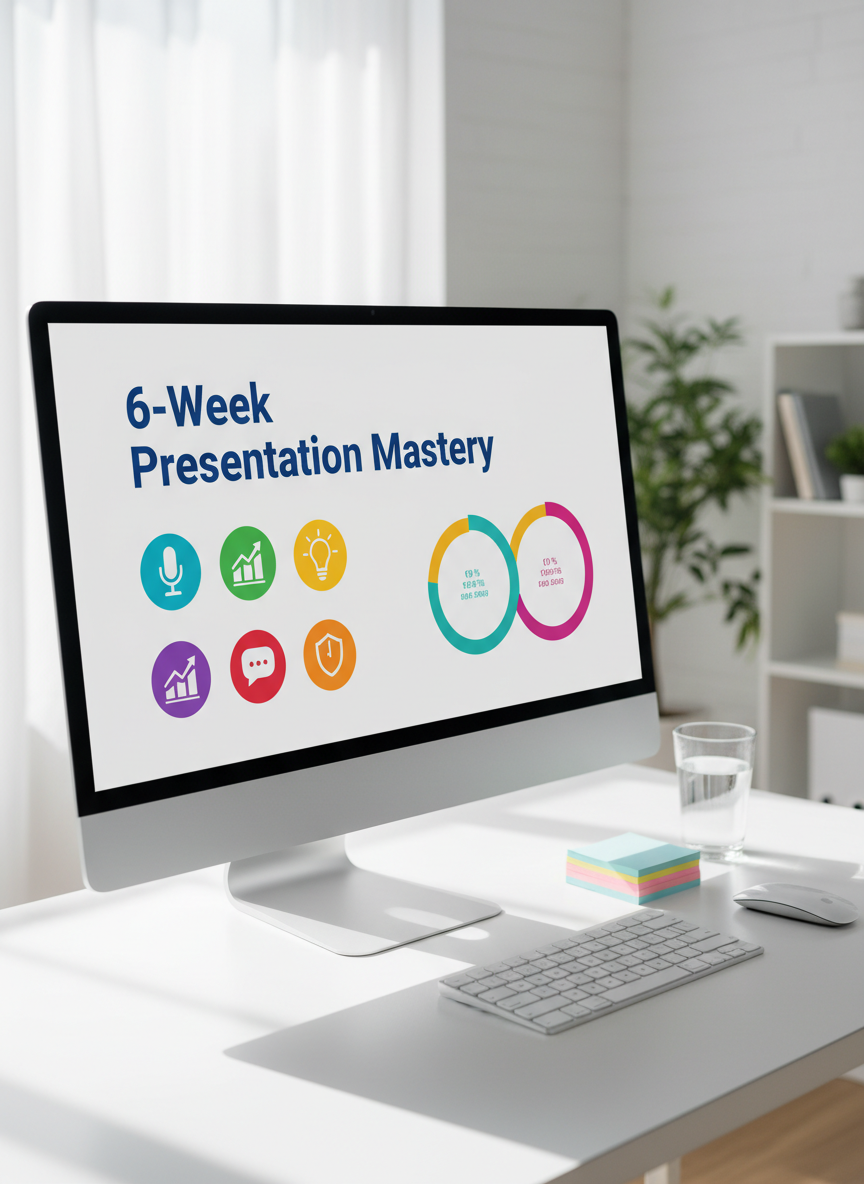 A large, modern flat-screen monitor displaying a vibrant, full-screen slide with bold typography reading “6-Week Presentation Mastery,” surrounded by neatly aligned charts and icons in bright yet professional colors. The monitor sits on a minimalist white desk accompanied by a slim wireless keyboard, a neatly stacked set of color-coded cue cards, and a sleek glass of water. Soft daylight from a nearby window creates a bright, even illumination with gentle shadows and a calm, focused atmosphere. Shot from a slightly elevated angle in photographic realism, the composition balances the monitor on one side with supporting objects on the other, evoking structure, clarity, and an organized learning environment for young adults.