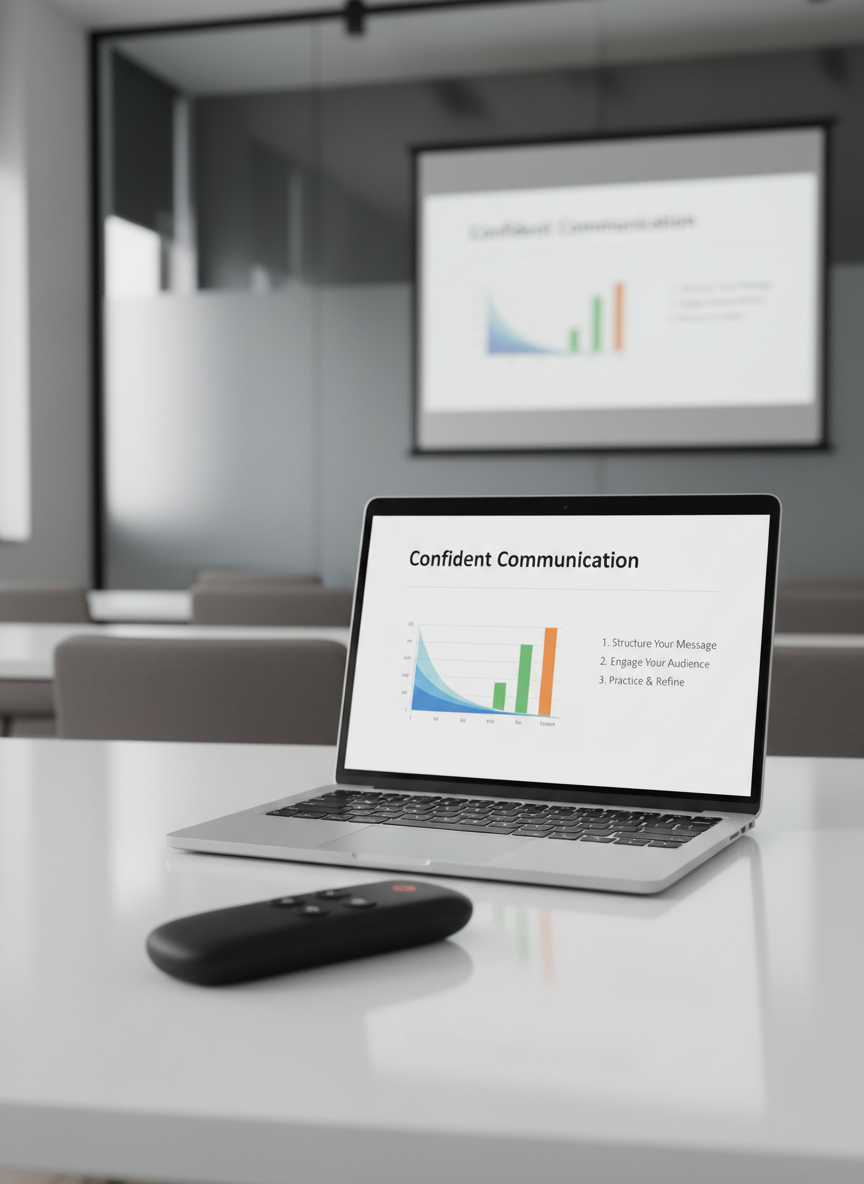 A sleek, matte-black wireless presentation remote resting beside an open silver laptop on a clean white desk, both devices displaying a clear, minimalist slide titled “Confident Communication.” The laptop screen shows crisp, colorful graphs and structured bullet points. In the background, a large wall-mounted screen is softly blurred, suggesting a modern training room. Natural daylight from an unseen window casts soft, even illumination, creating gentle reflections on the metal surfaces and subtle shadows under the objects. Photographic realism with a professional, clean, and modern aesthetic, shot at eye level with a shallow depth of field, emphasizing clarity, focus, and a calm, competent atmosphere suitable for an online public speaking course homepage hero image.