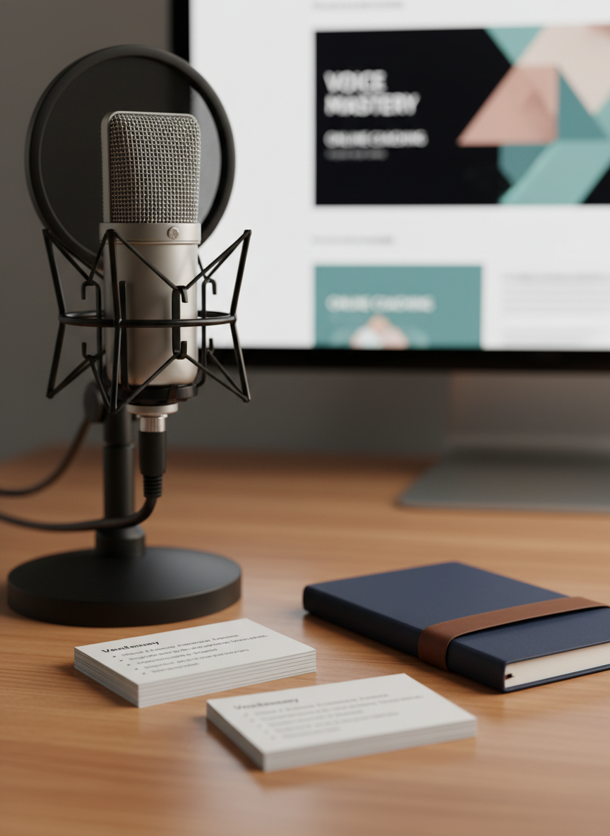 A high-quality, studio-grade podcast microphone with a fine metal mesh grille and shock mount, positioned in front of a neatly arranged stack of presentation note cards and a closed navy-blue notebook, all placed on a smooth wooden tabletop. Behind them, a blurred computer monitor displays a colorful, well-organized slide deck. Soft, diffused studio lighting from the left creates gentle highlights on the metal surfaces and warm reflections on the wood, casting subtle, controlled shadows. The composition uses the rule of thirds with a shallow depth of field, creating a professional, focused mood that suggests voice training, speech practice, and online coaching in a photographic realism style.
